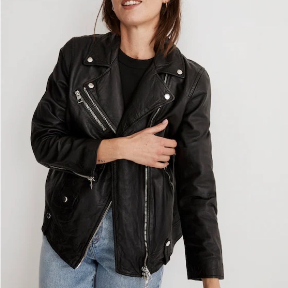 Madewell The Washed Leather Motorcycle Jacket in Black Size XXS